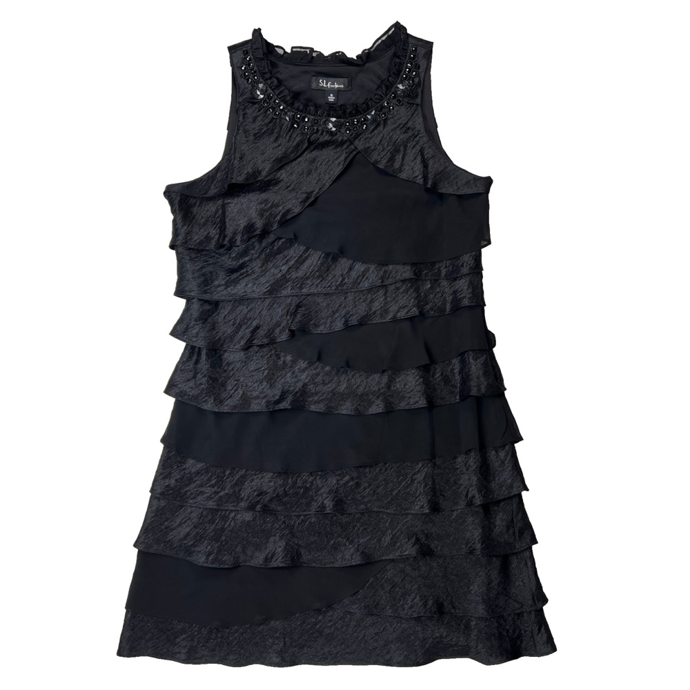 Black Cocktail Holiday Party Dress Knee Length Sleeveless Tiered Ruffles Jeweled